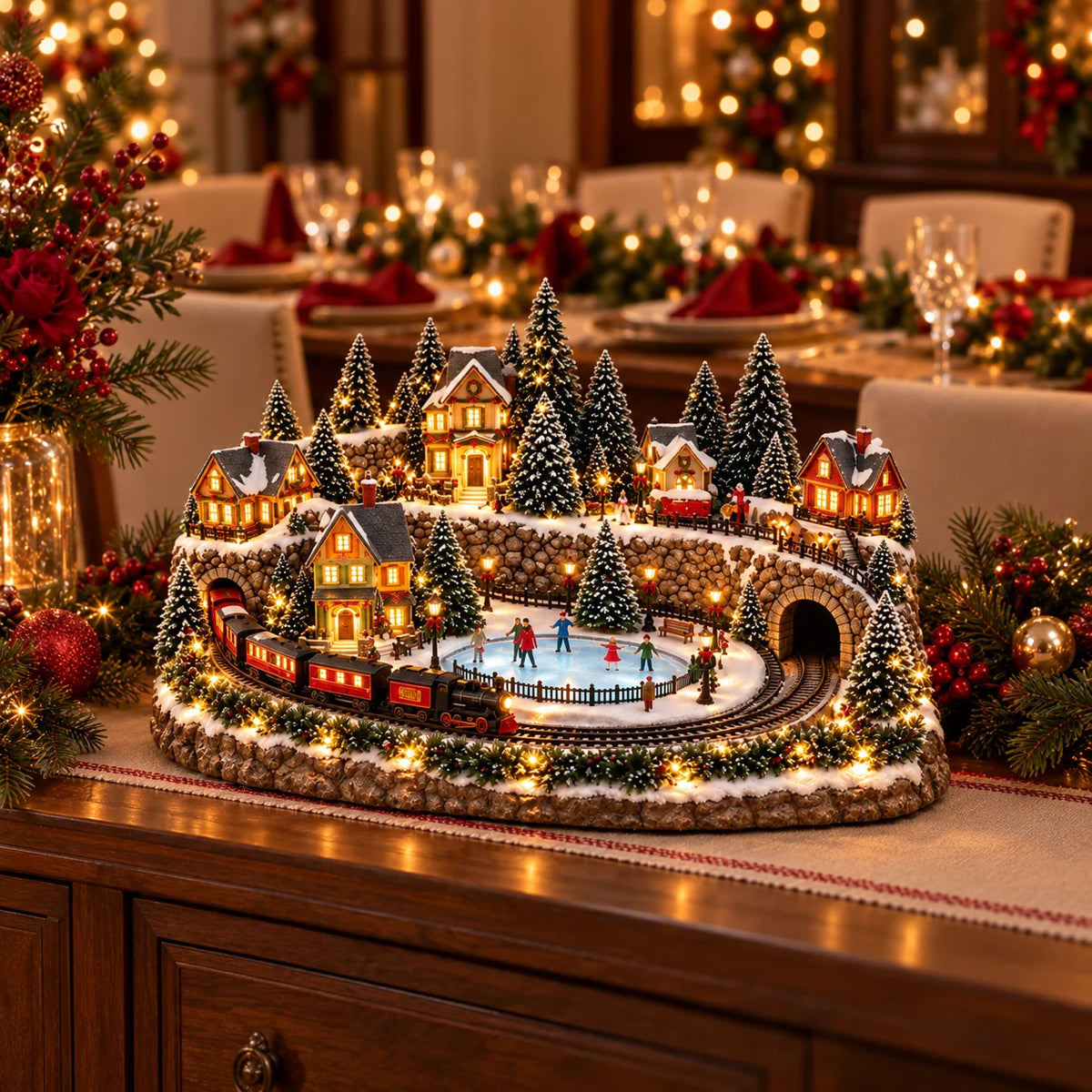 Christmas Village Display Animated Train Warm Lights & Music