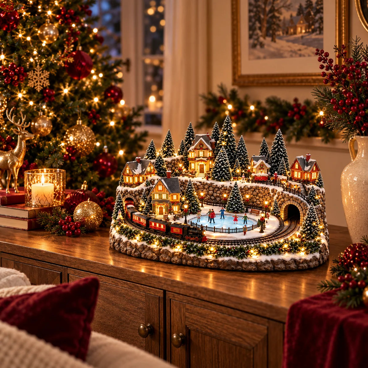 Christmas Village Display Animated Train Warm Lights & Music