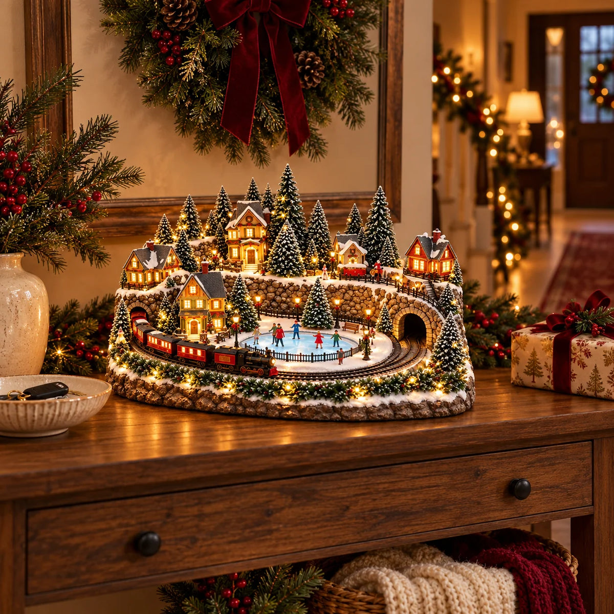 Christmas Village Display Animated Train Warm Lights & Music