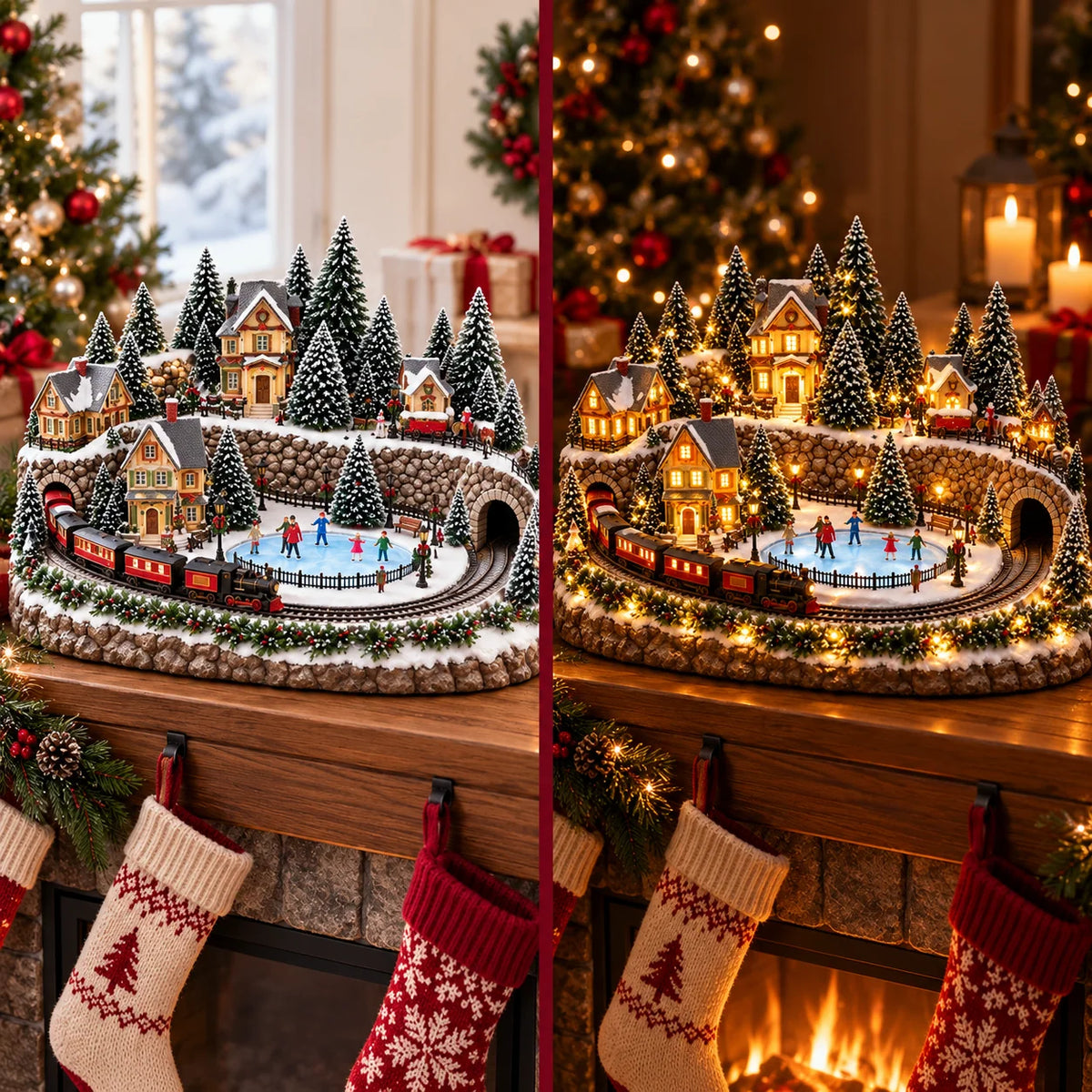Christmas Village Display Animated Train Warm Lights & Music