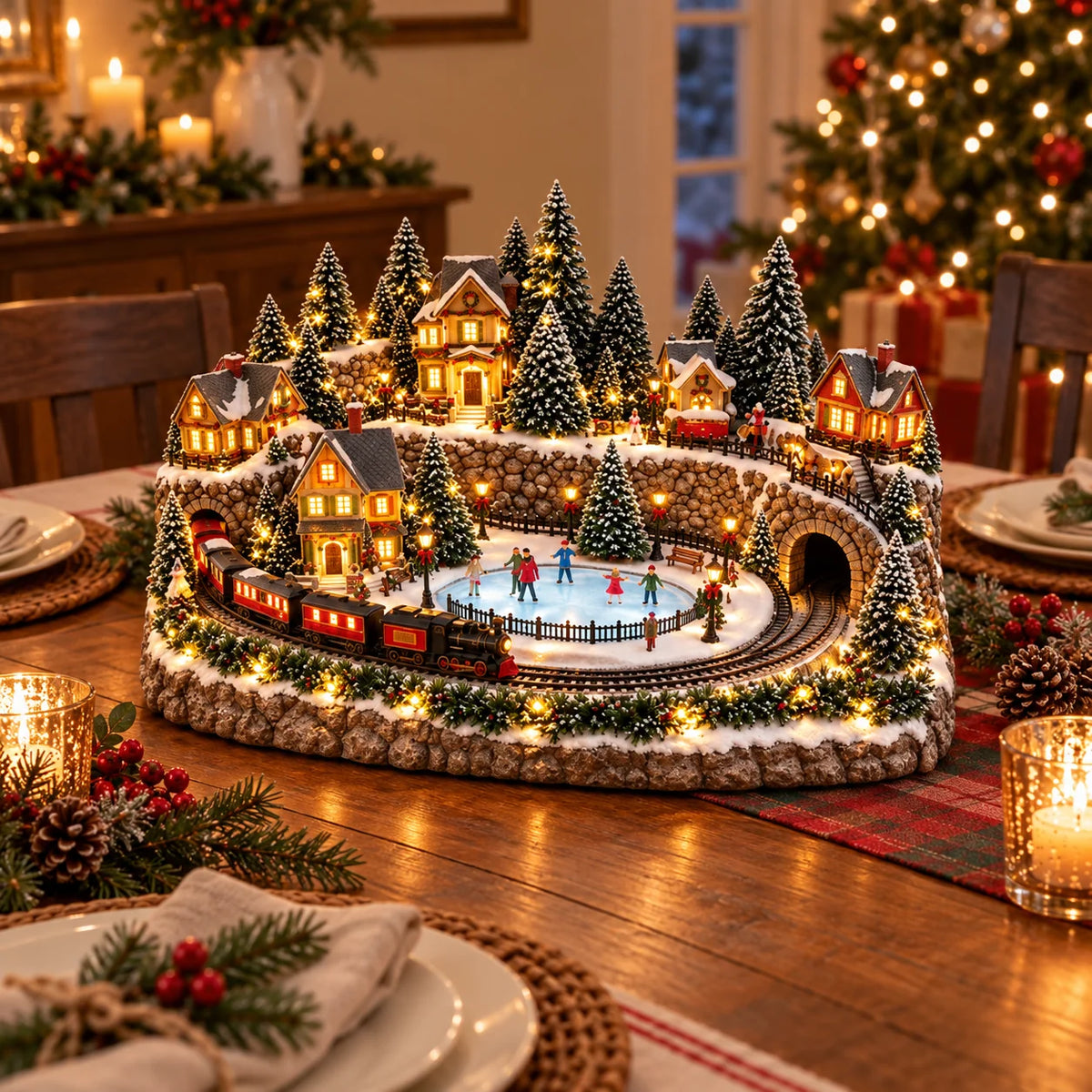 Christmas Village Display Animated Train Warm Lights & Music