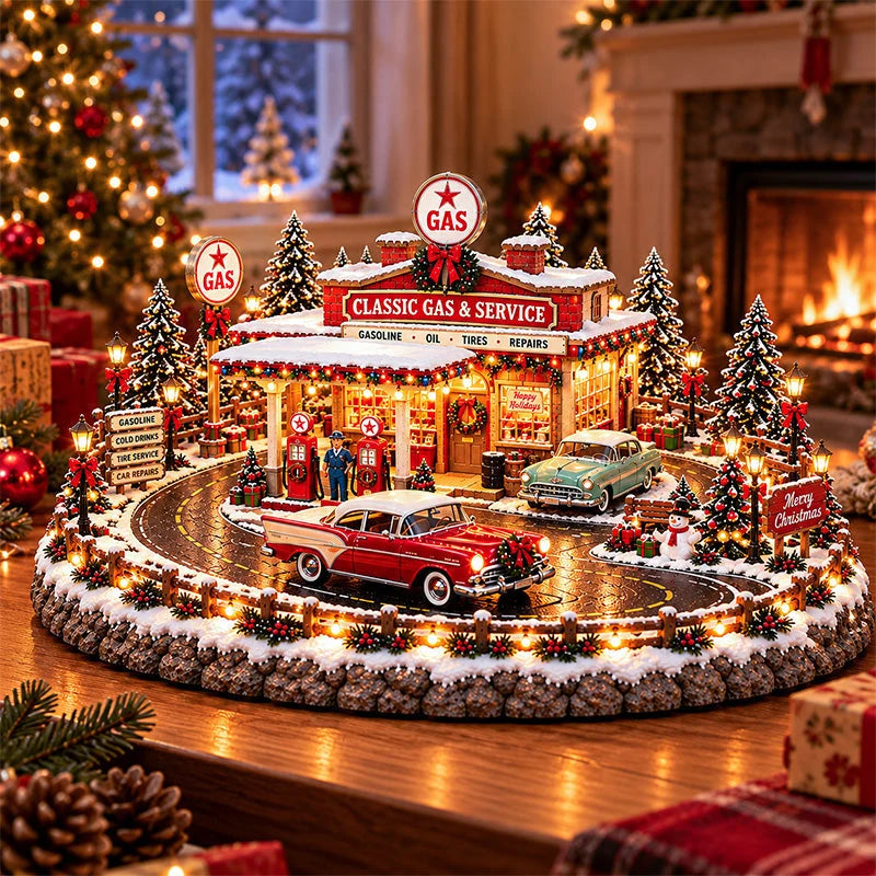 Christmas Village Gas Station Lighted Vintage American Style With Classic Cars