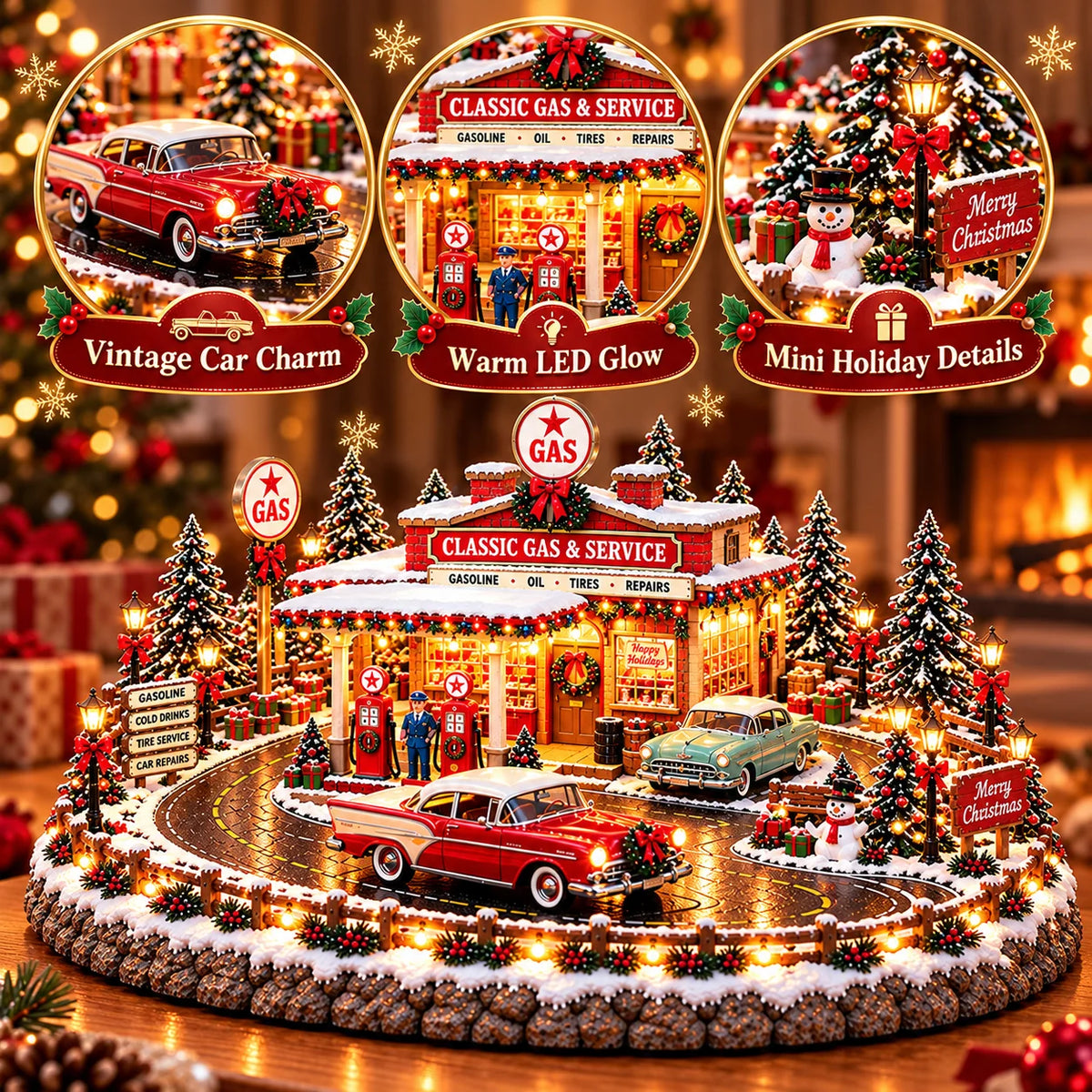 Christmas Village Gas Station Lighted Vintage American Style With Classic Cars