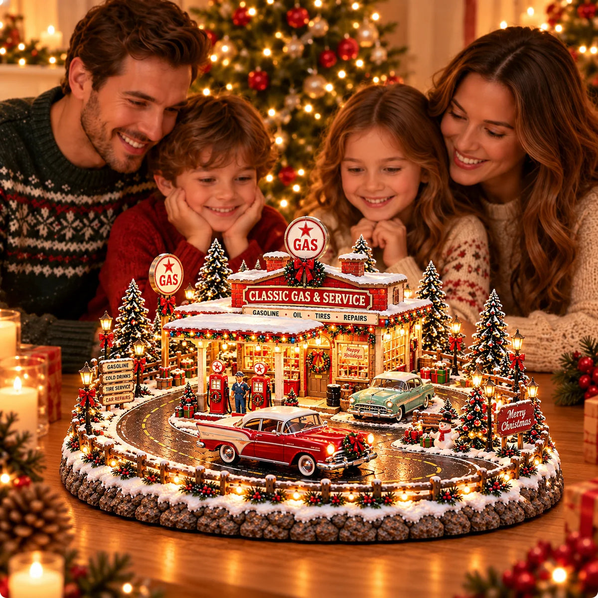 Christmas Village Gas Station Lighted Vintage American Style With Classic Cars