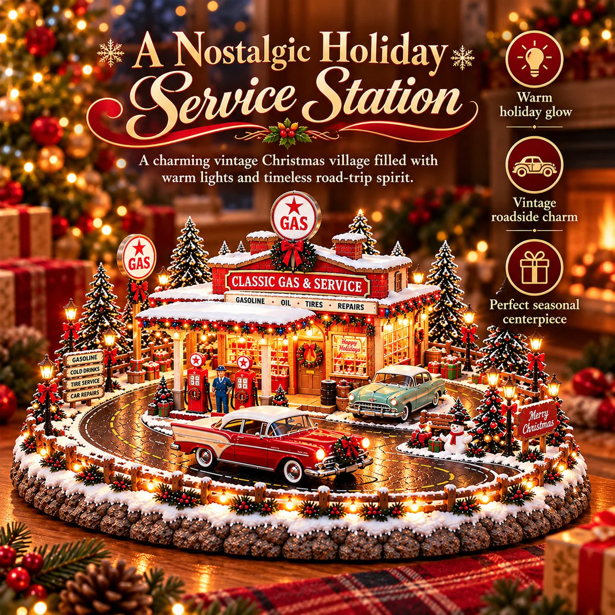 Christmas Village Gas Station Lighted Vintage American Style With Classic Cars