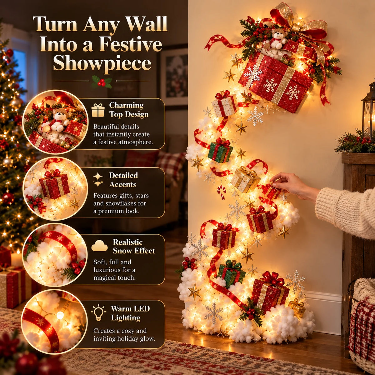 Christmas Wall Decoration Cascading Design Warm Golden Lights