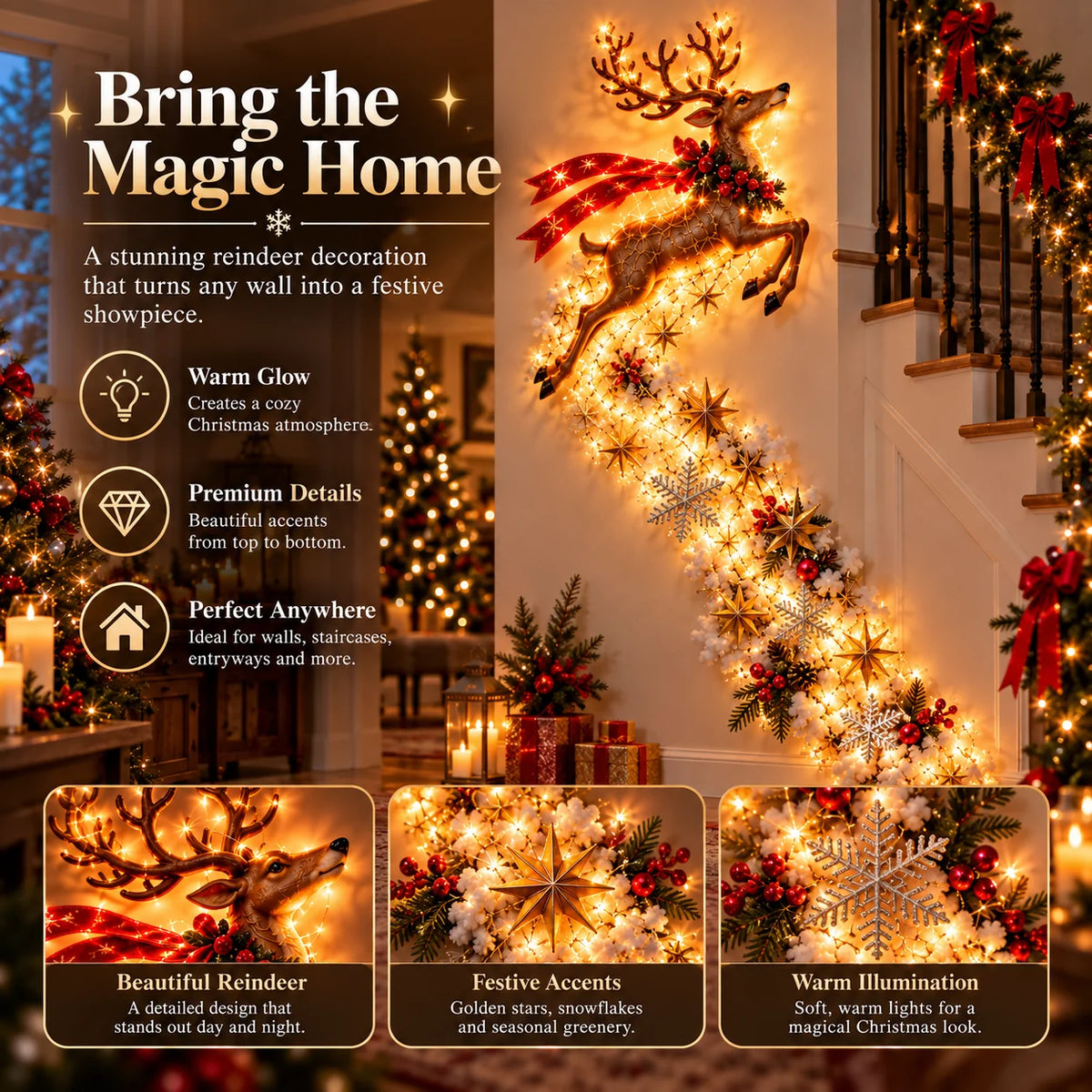 Christmas Wall Decoration Cascading Design Warm Golden Lights
