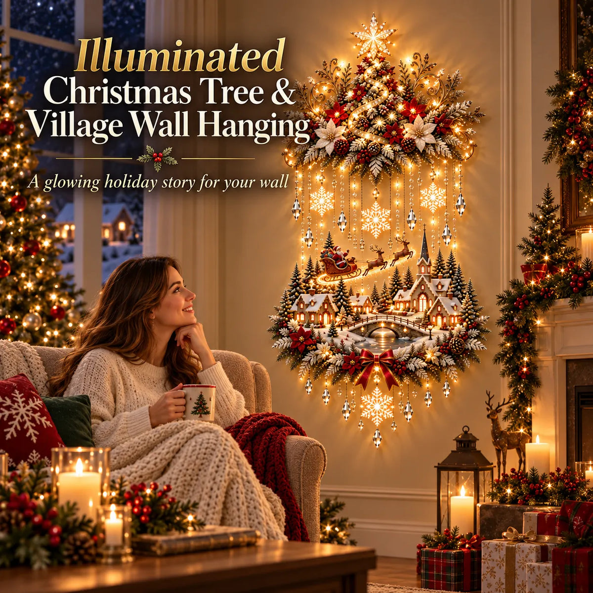Christmas Wall Decoration Illuminated Tree & Village Display