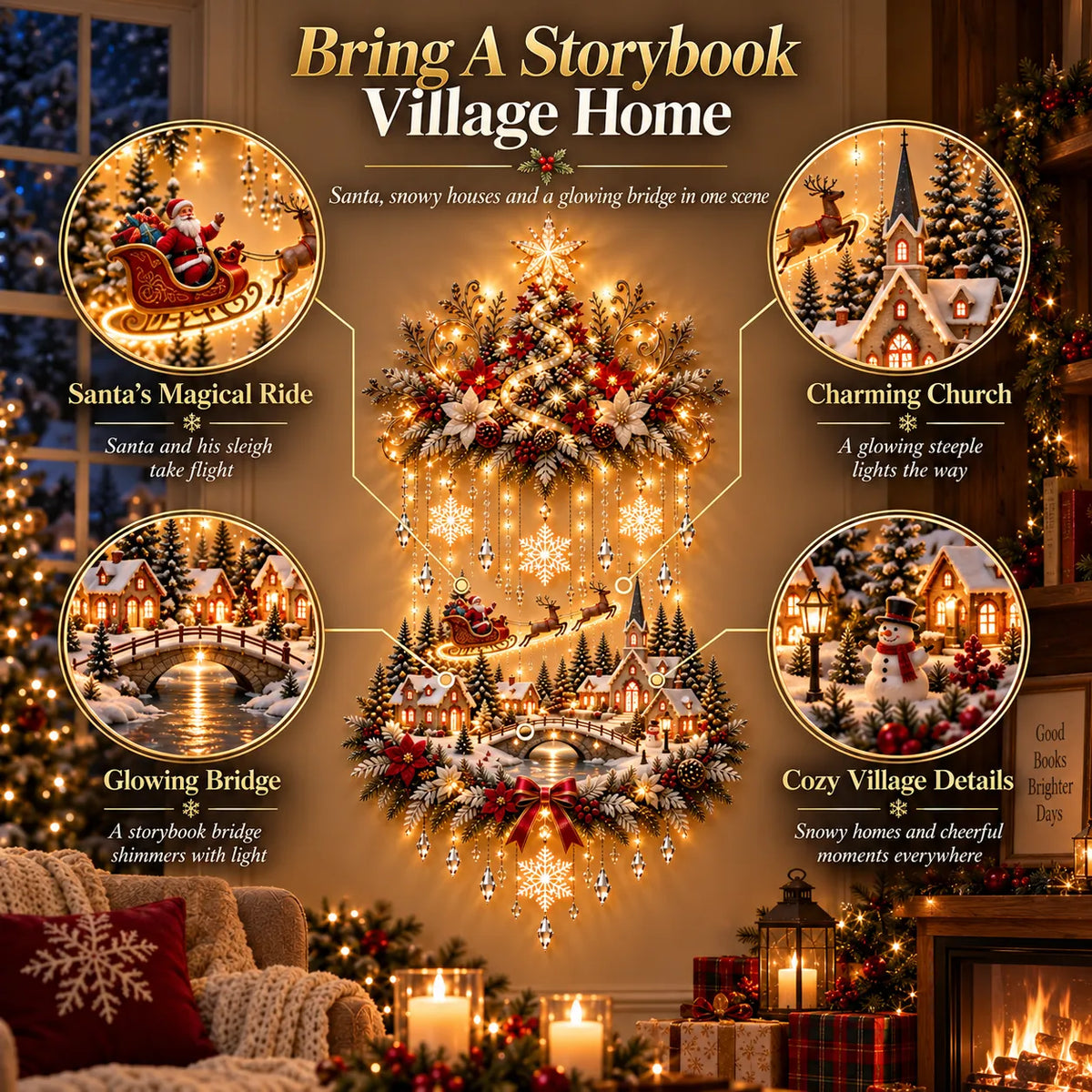 Christmas Wall Decoration Illuminated Tree & Village Display
