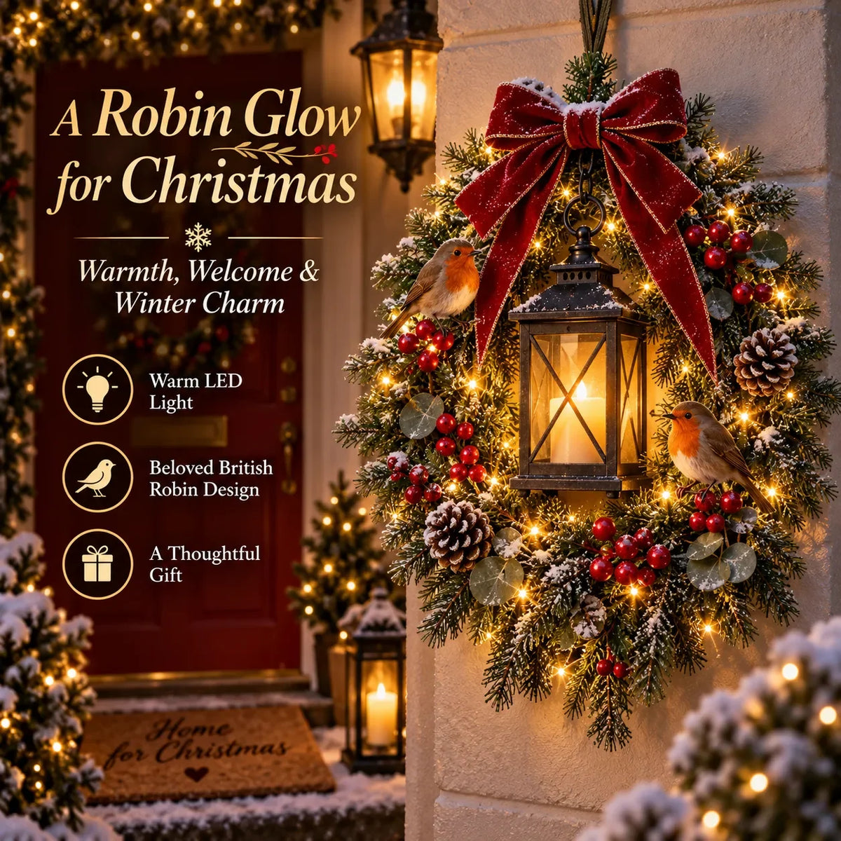 Christmas Wreath Light-Up Lantern Robin Design & Frosted Fir Foliage