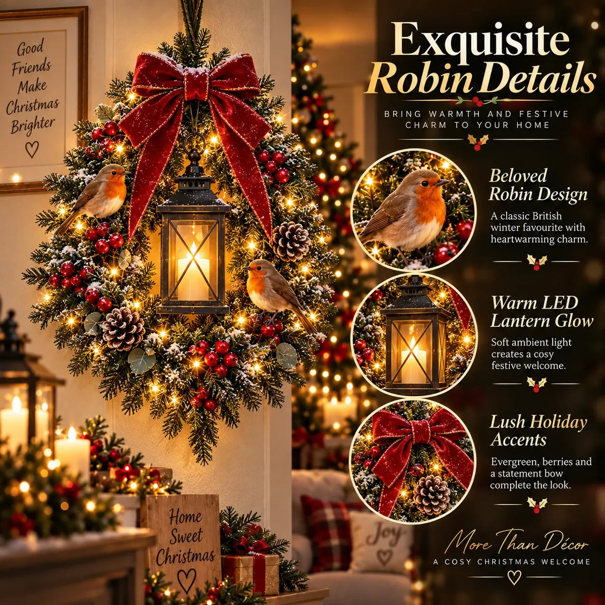 Christmas Wreath Light-Up Lantern Robin Design & Frosted Fir Foliage