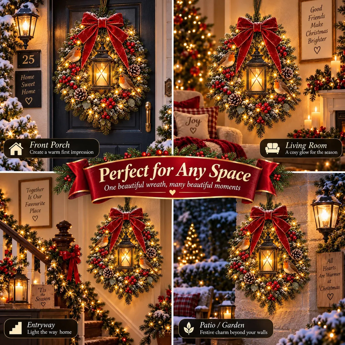 Christmas Wreath Light-Up Lantern Robin Design & Frosted Fir Foliage