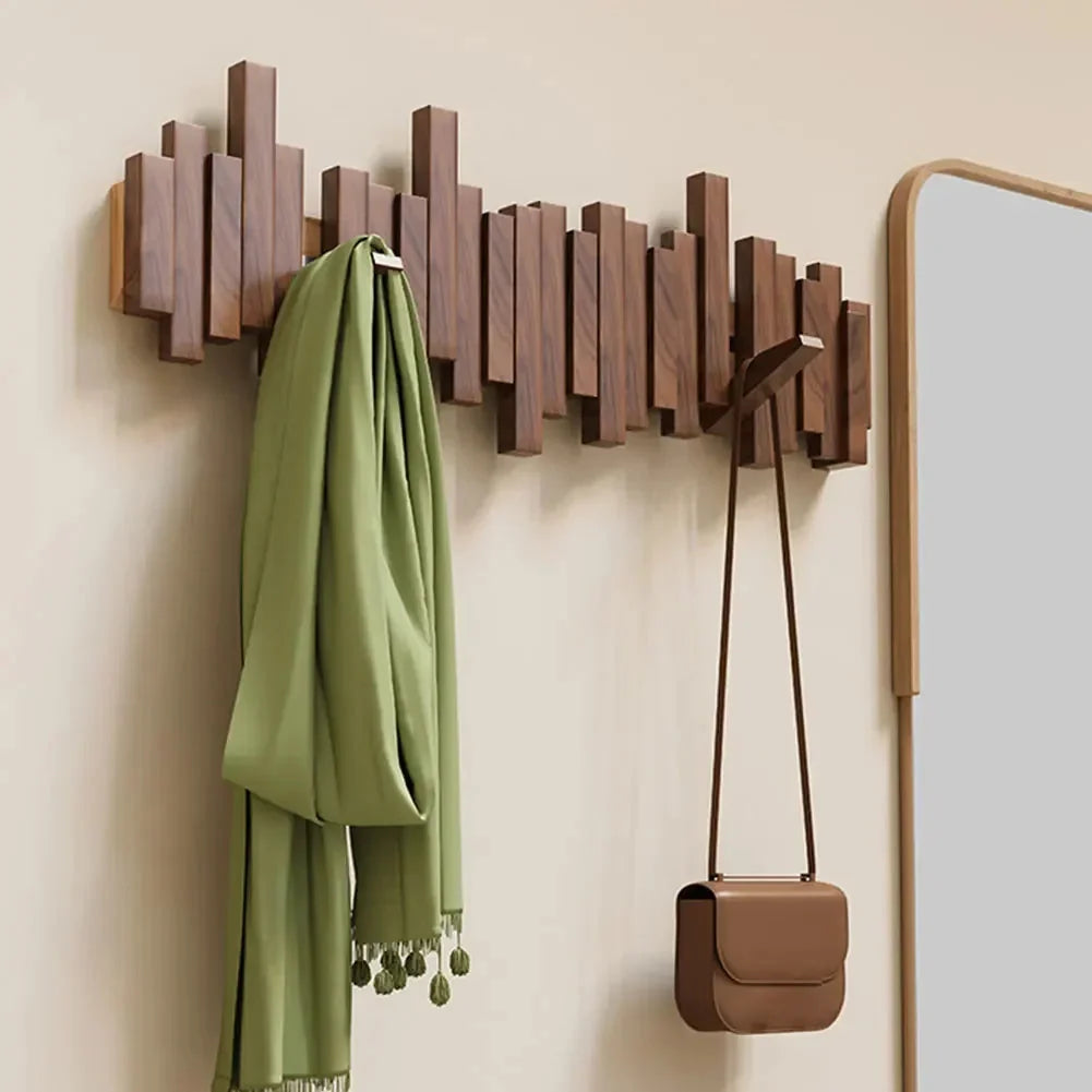 Coat Rack Wall-Mounted Wooden Folding Hooks