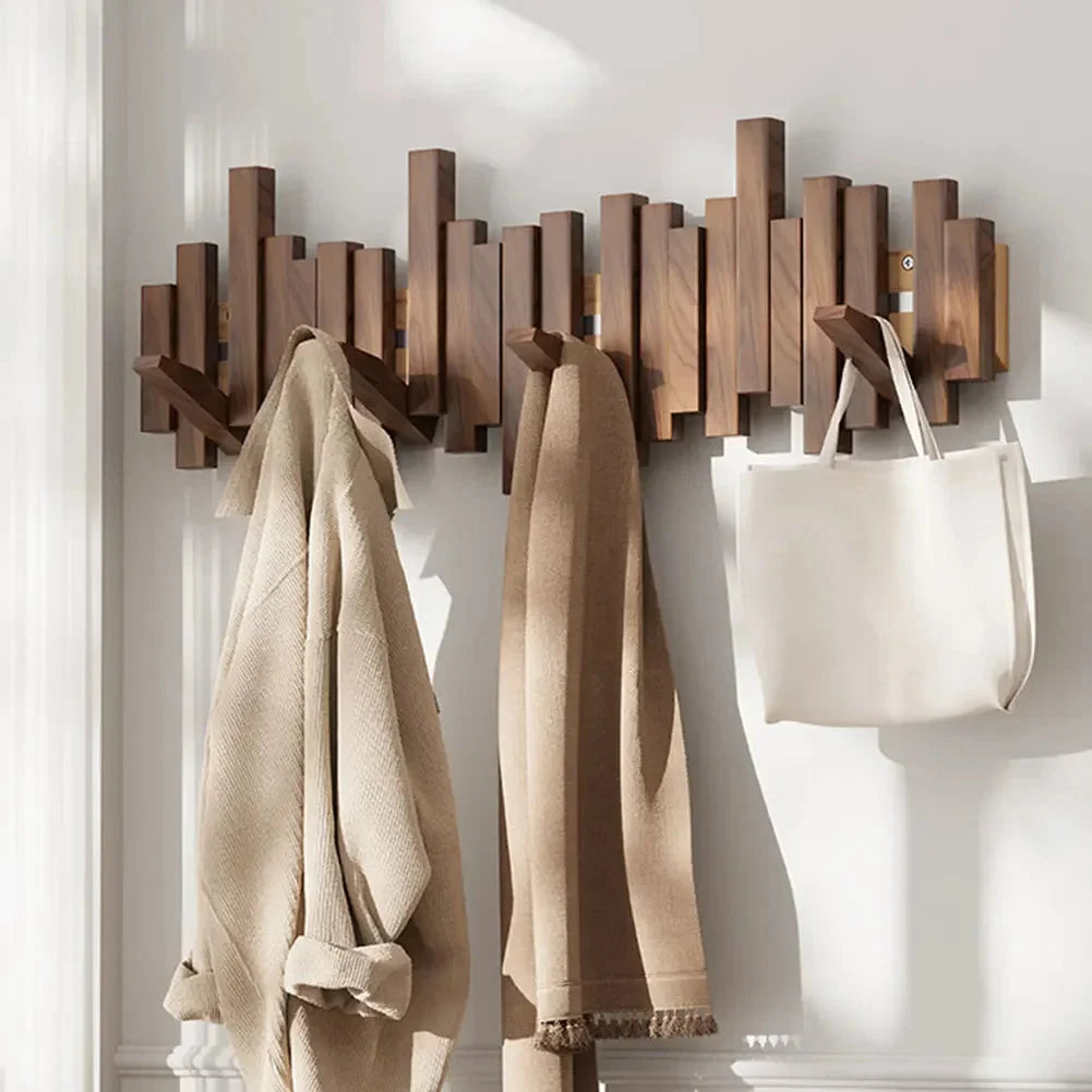 Coat Rack Wall-Mounted Wooden Folding Hooks