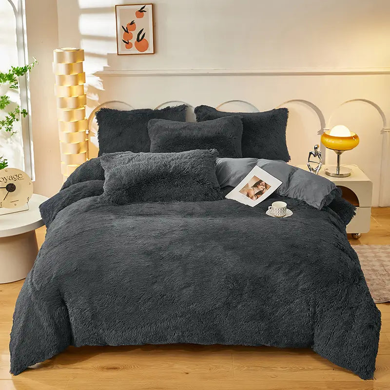Comforter Set Plush Sherpa Fleece Machine-Washable Hidden Zipper