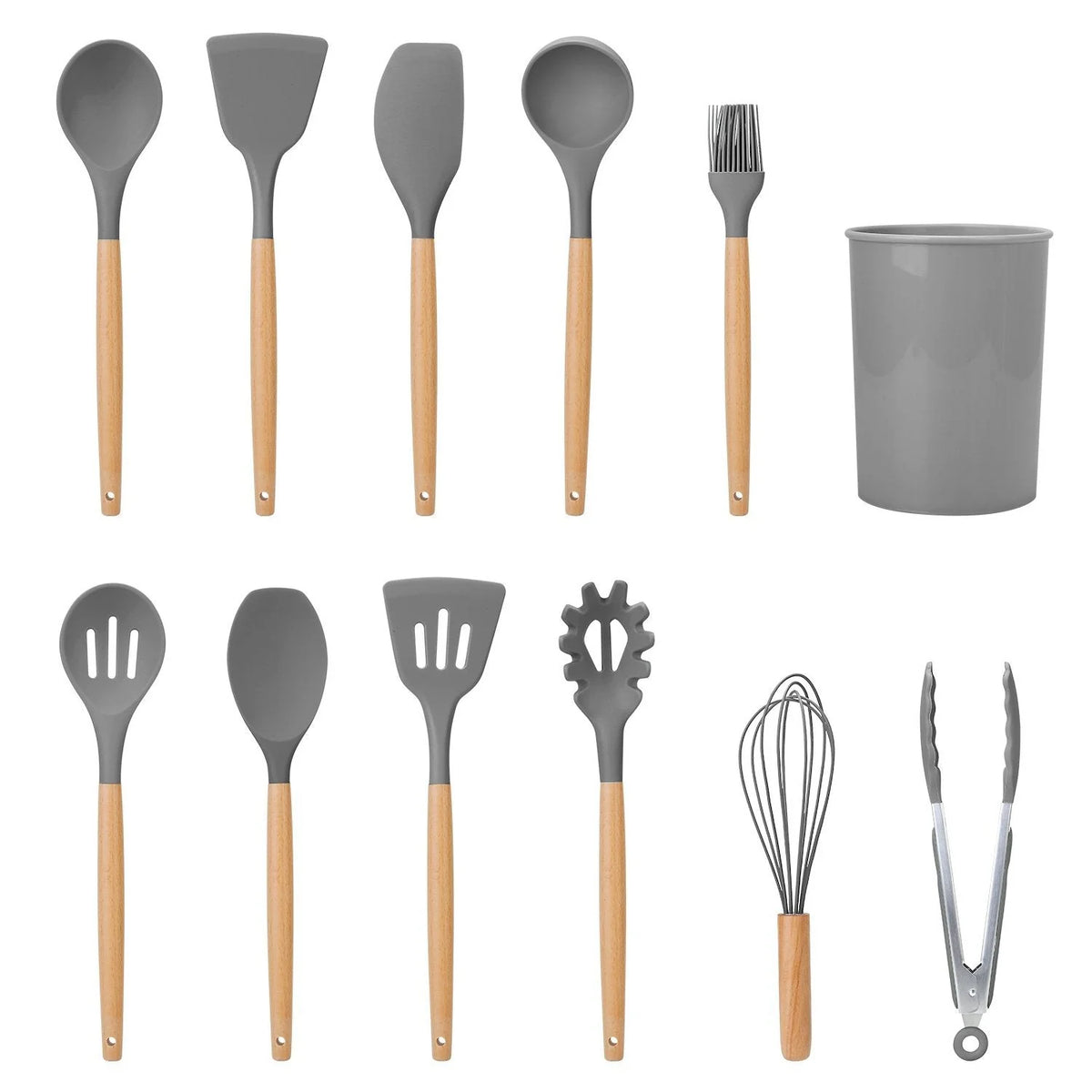 Cooking Utensil Set Silicone Wooden Handles Set of 11
