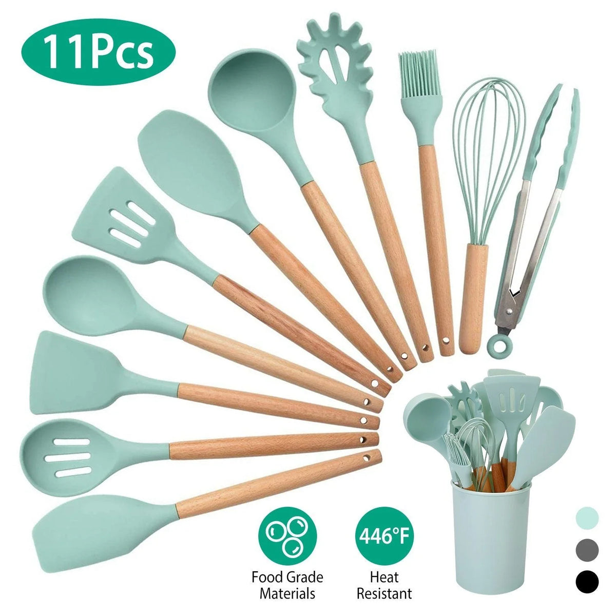 Cooking Utensil Set Silicone Wooden Handles Set of 11
