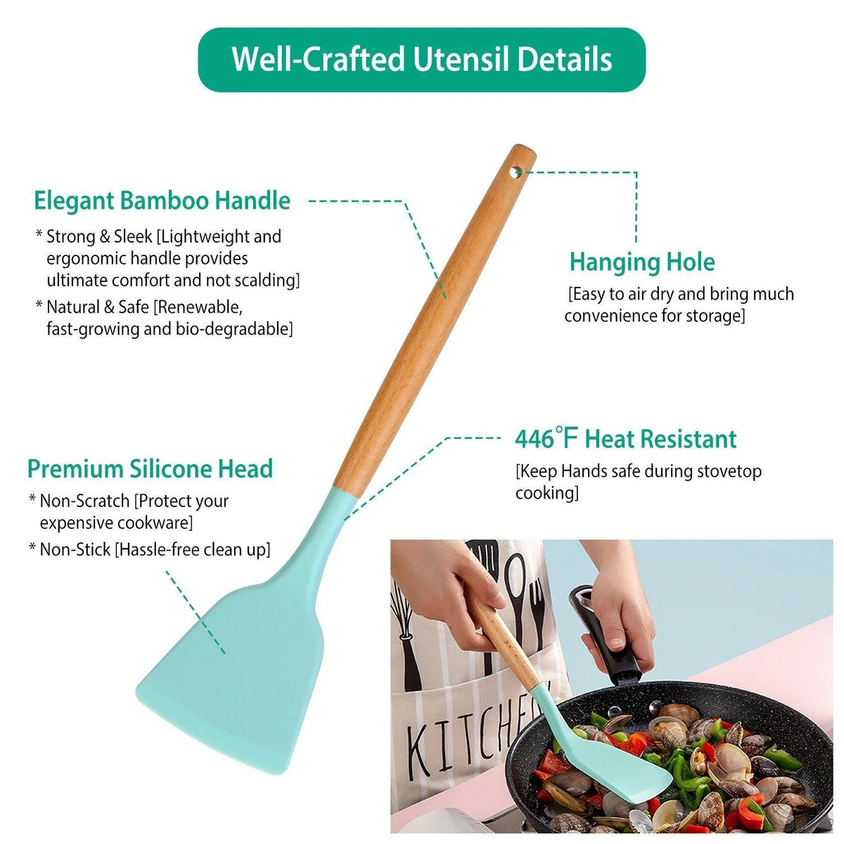 Cooking Utensil Set Silicone Wooden Handles Set of 11