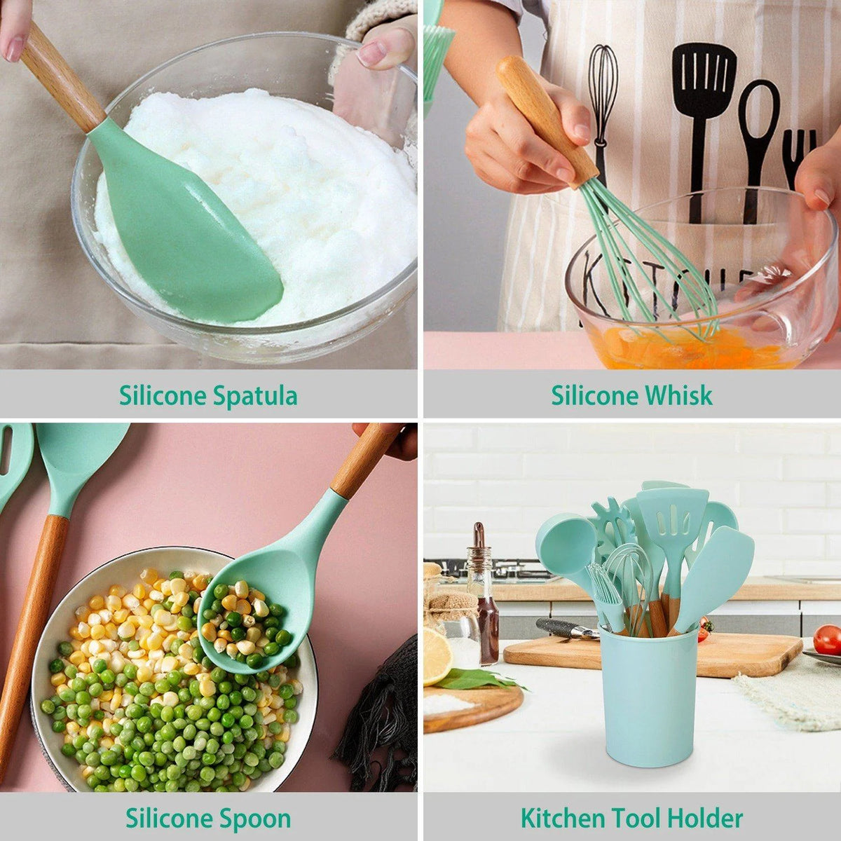 Cooking Utensil Set Silicone Wooden Handles Set of 11