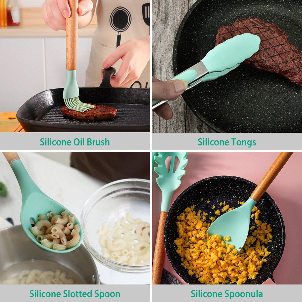 Cooking Utensil Set Silicone Wooden Handles Set of 11