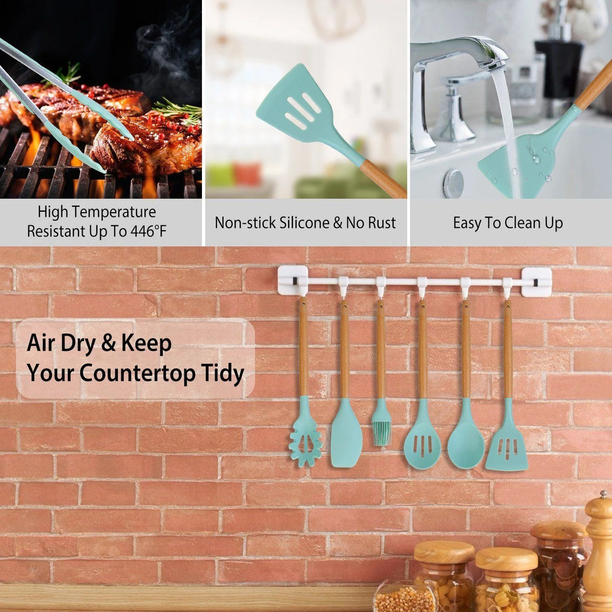 Cooking Utensil Set Silicone Wooden Handles Set of 11