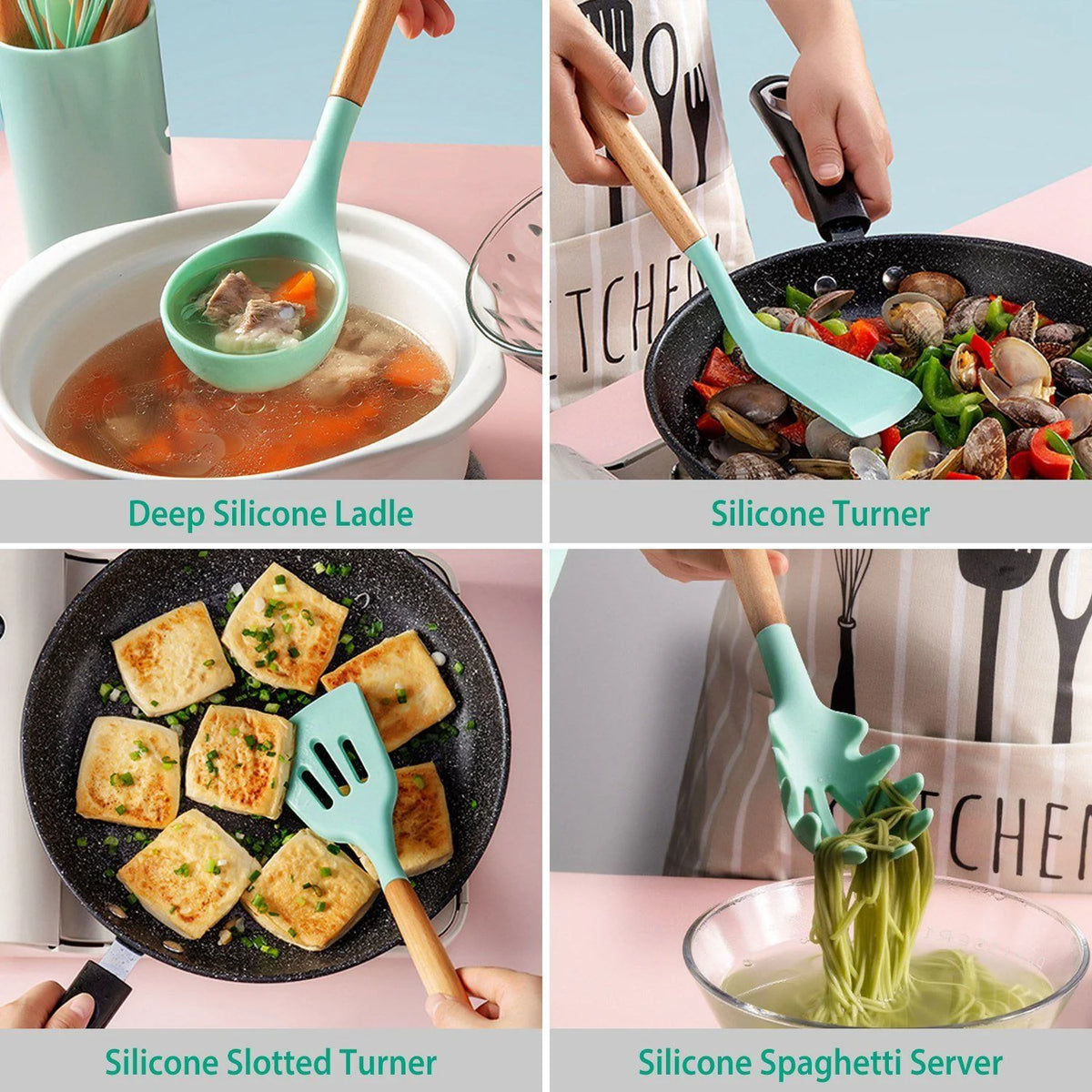 Cooking Utensil Set Silicone Wooden Handles Set of 11