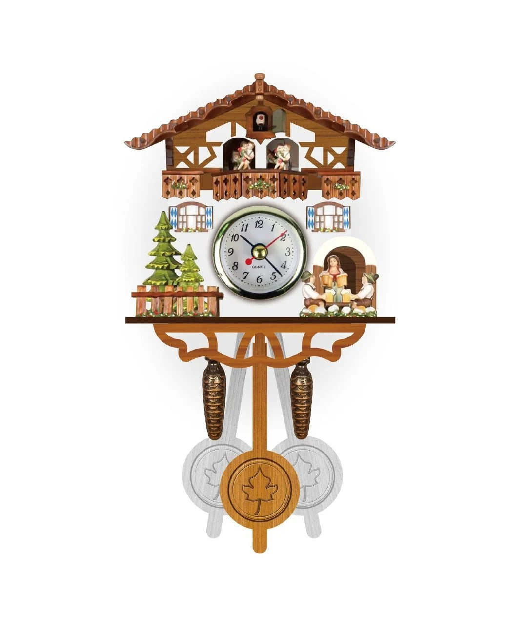 Cuckoo Clock Hand-Painted Wood Chalet Design Swinging Pendulum & Music