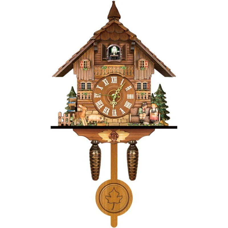 Cuckoo Clock Hand-Painted Wood Chalet Design Swinging Pendulum & Music