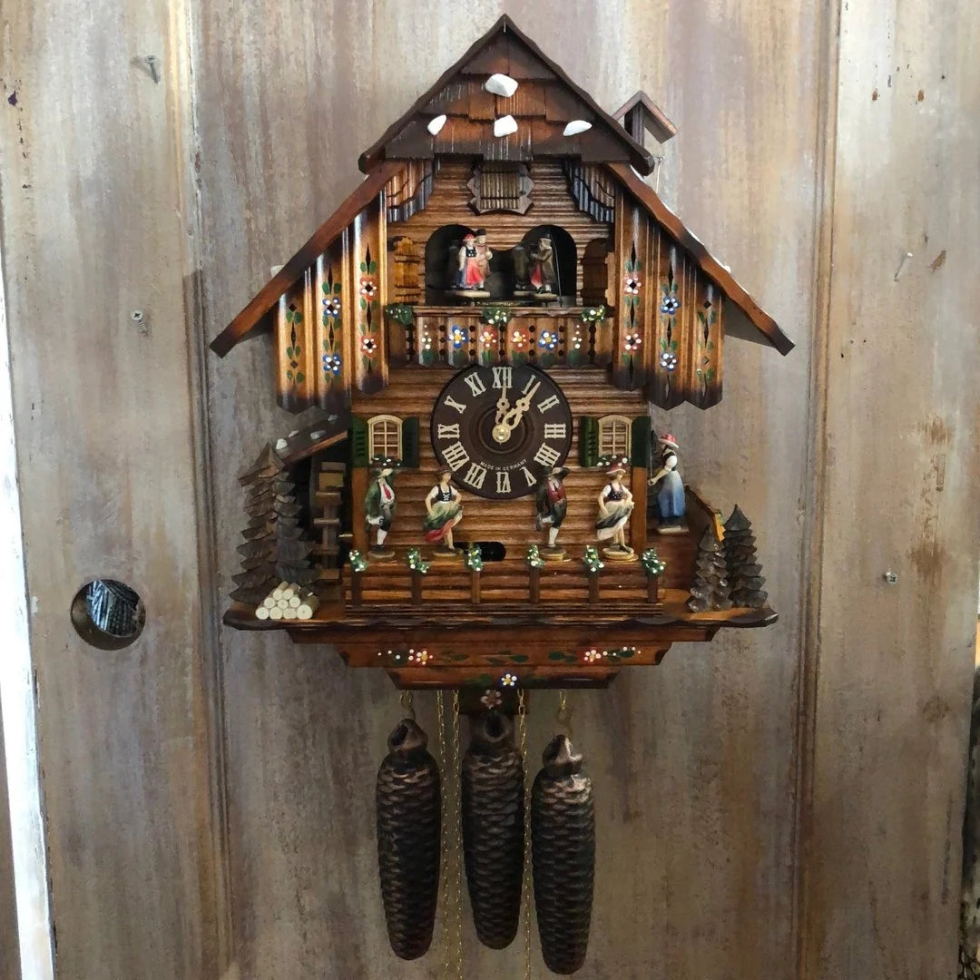 Cuckoo Clock Hand-Painted Wood Chalet Design Swinging Pendulum & Music