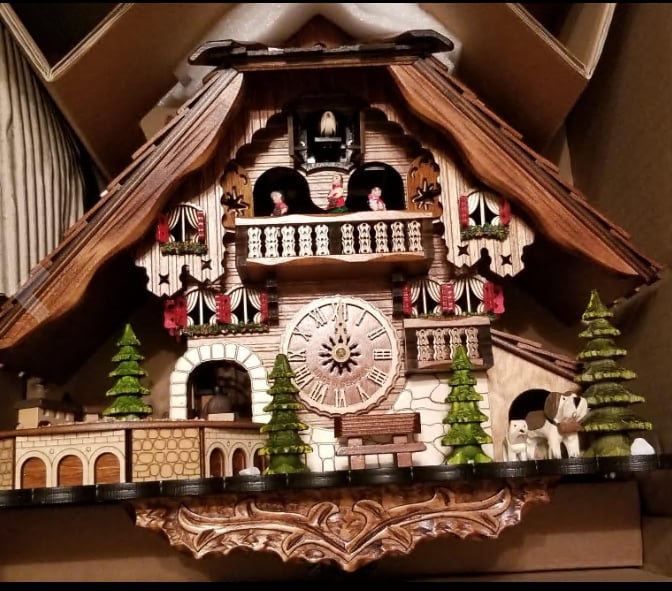 Cuckoo Clock Hand-Painted Wood Chalet Design Swinging Pendulum & Music