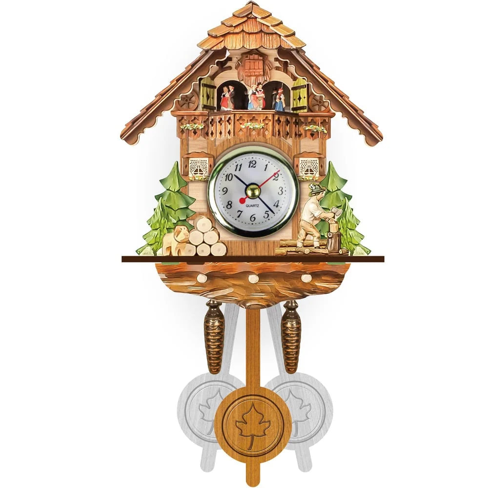 Cuckoo Clock Hand-Painted Wood Chalet Design Swinging Pendulum & Music