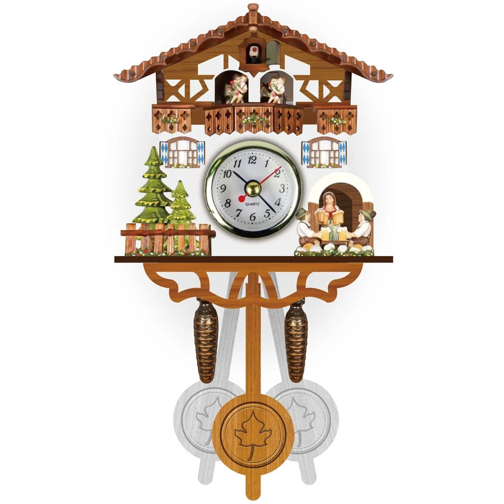 Cuckoo Clock Hand-Painted Wood Chalet Design Swinging Pendulum & Music
