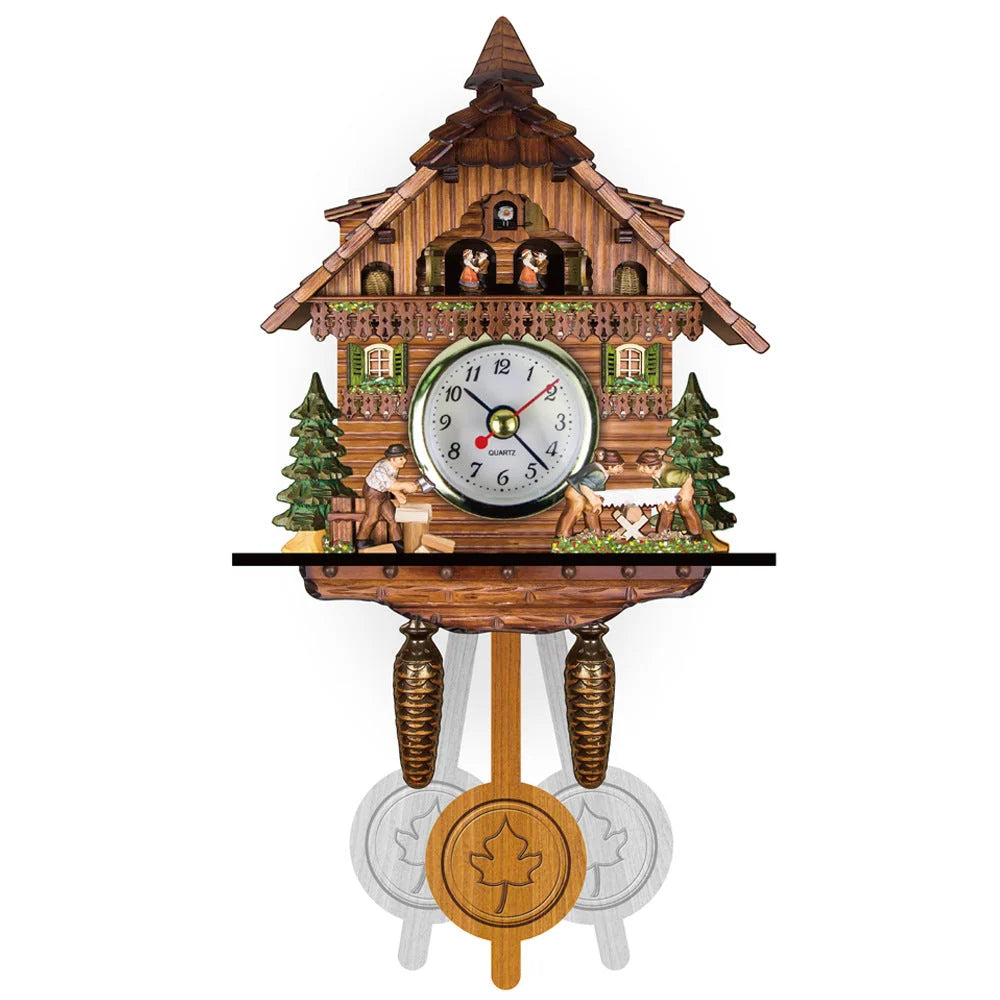 Cuckoo Clock Hand-Painted Wood Chalet Design Swinging Pendulum & Music
