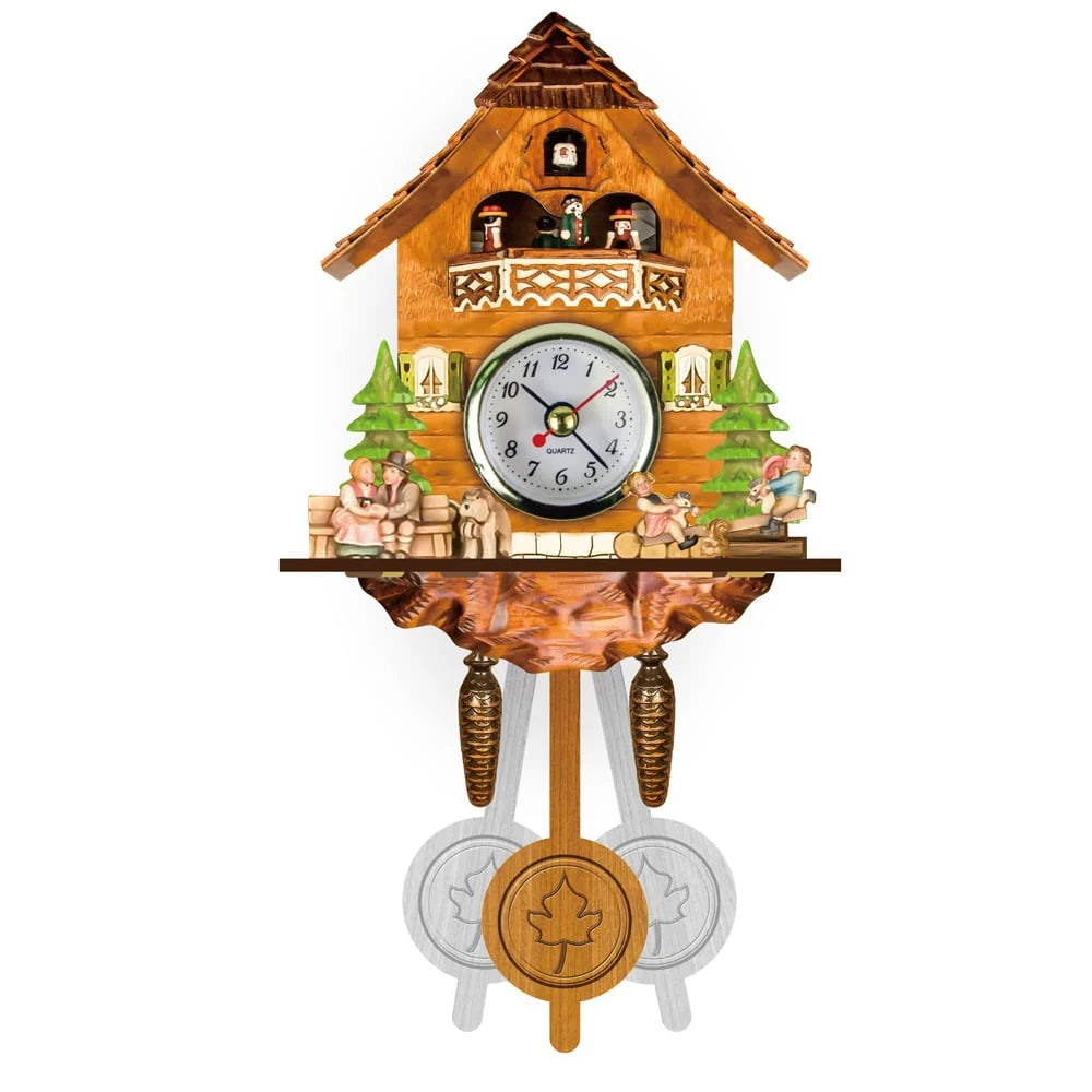 Cuckoo Clock Hand-Painted Wood Chalet Design Swinging Pendulum & Music