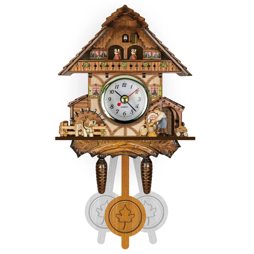 Cuckoo Clock Hand-Painted Wood Chalet Design Swinging Pendulum & Music