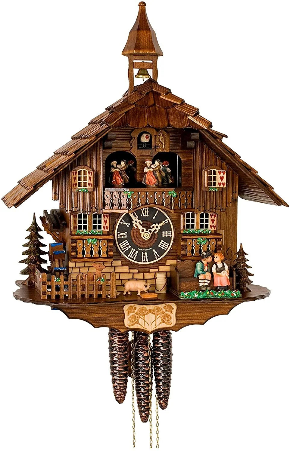 Cuckoo Clock Hand-Painted Wood Chalet Design Swinging Pendulum & Music