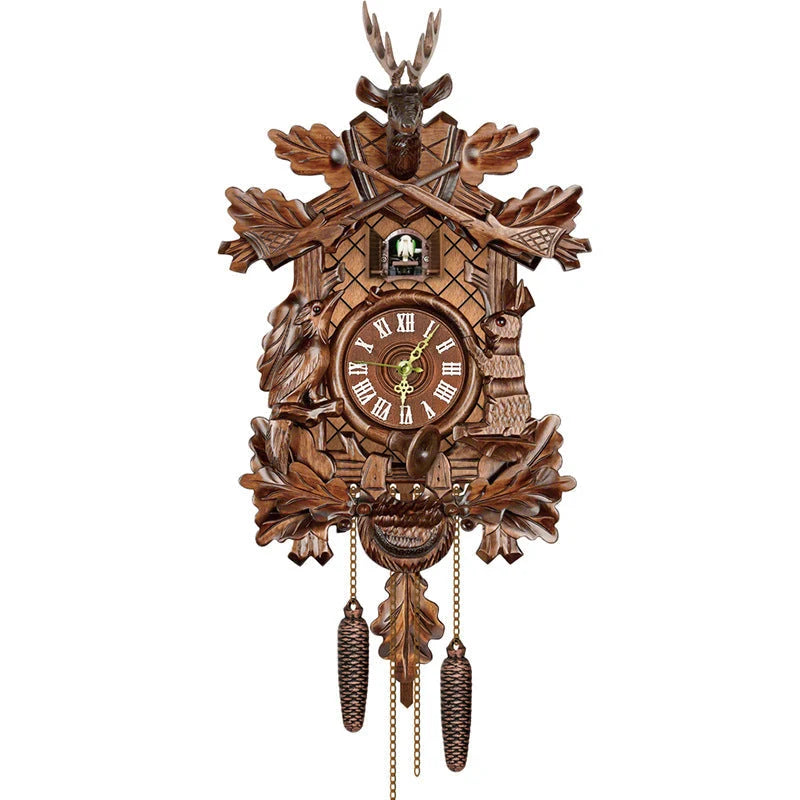 Cuckoo Clock Hand-Painted Wood Chalet Design Swinging Pendulum & Music