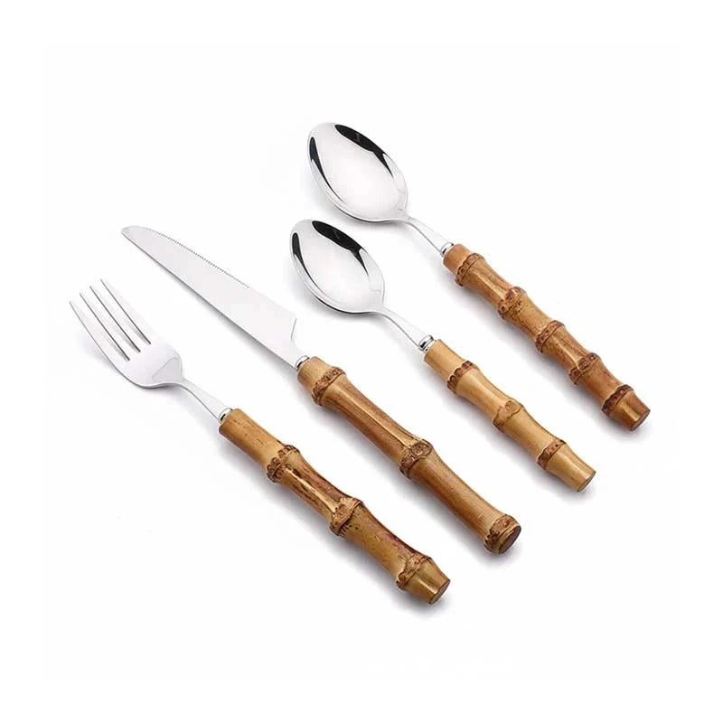 Cutlery Set Stainless Steel Bamboo-Style Handles 24-Piece Dishwasher-Safe