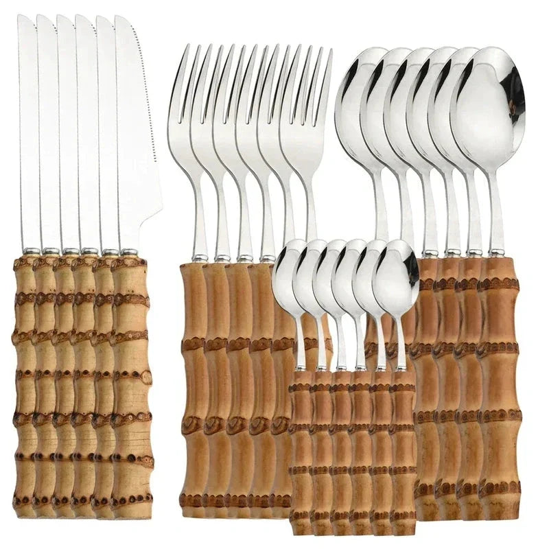 Cutlery Set Stainless Steel Bamboo-Style Handles 24-Piece Dishwasher-Safe