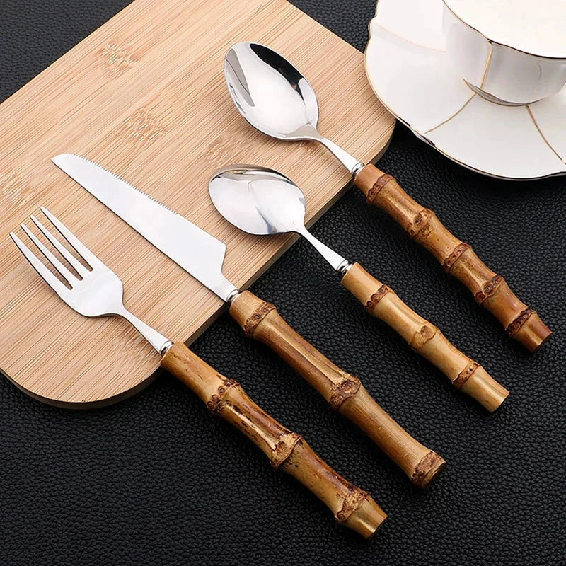 Cutlery Set Stainless Steel Bamboo-Style Handles 24-Piece Dishwasher-Safe