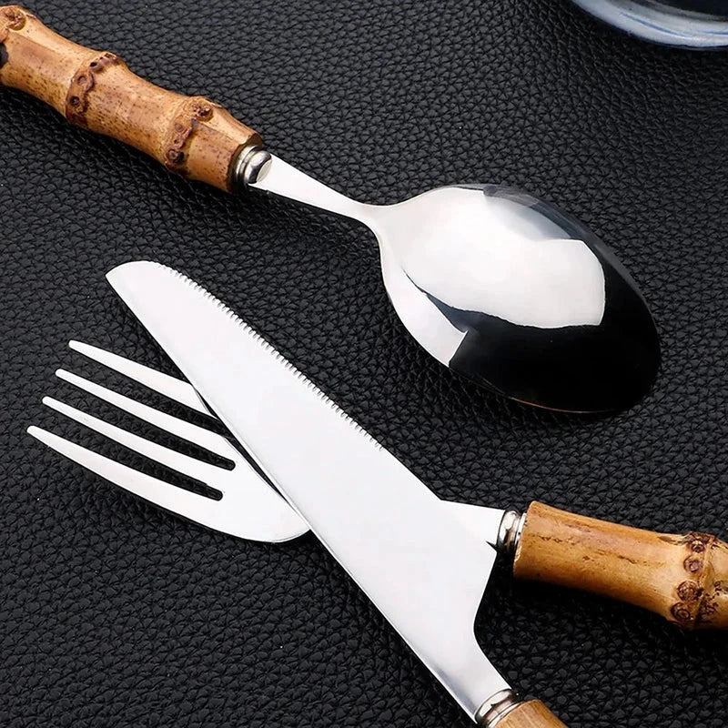 Cutlery Set Stainless Steel Bamboo-Style Handles 24-Piece Dishwasher-Safe