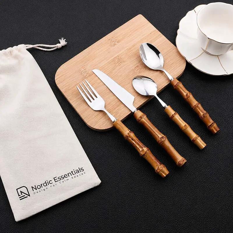 Cutlery Set Stainless Steel Bamboo-Style Handles 24-Piece Dishwasher-Safe
