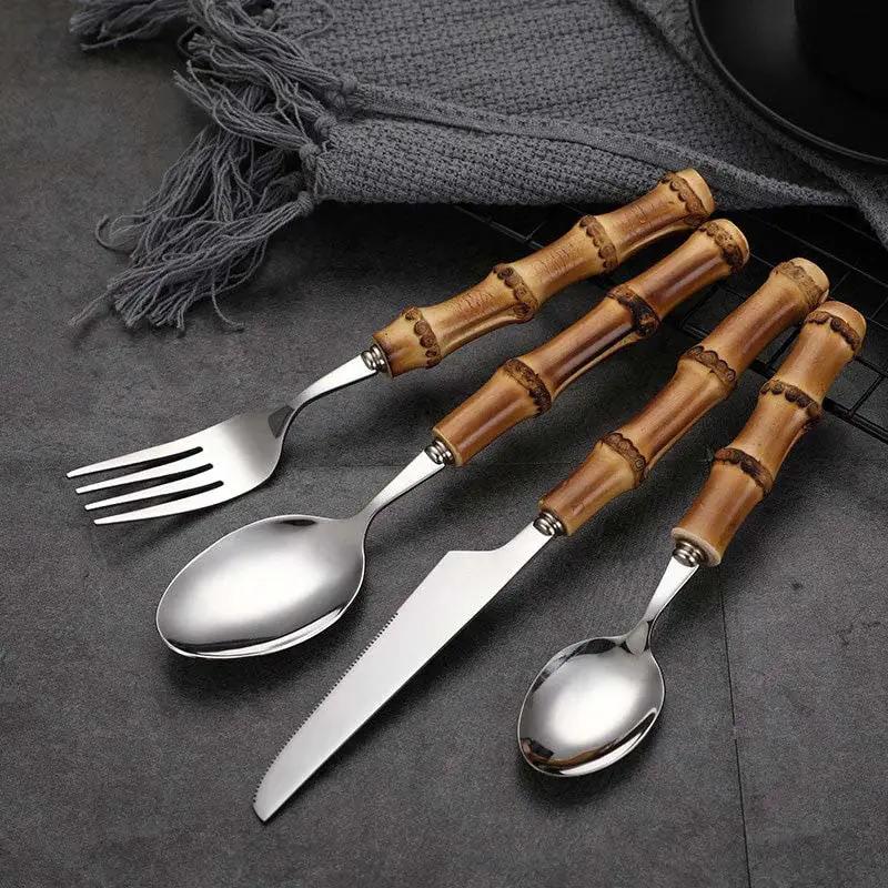 Cutlery Set Stainless Steel Bamboo-Style Handles 24-Piece Dishwasher-Safe