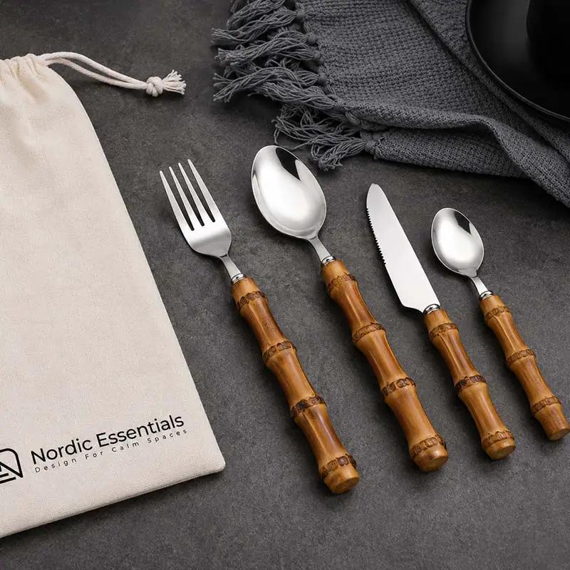 Cutlery Set Stainless Steel Bamboo-Style Handles 24-Piece Dishwasher-Safe