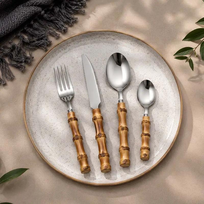 Cutlery Set Stainless Steel Bamboo-Style Handles 24-Piece Dishwasher-Safe