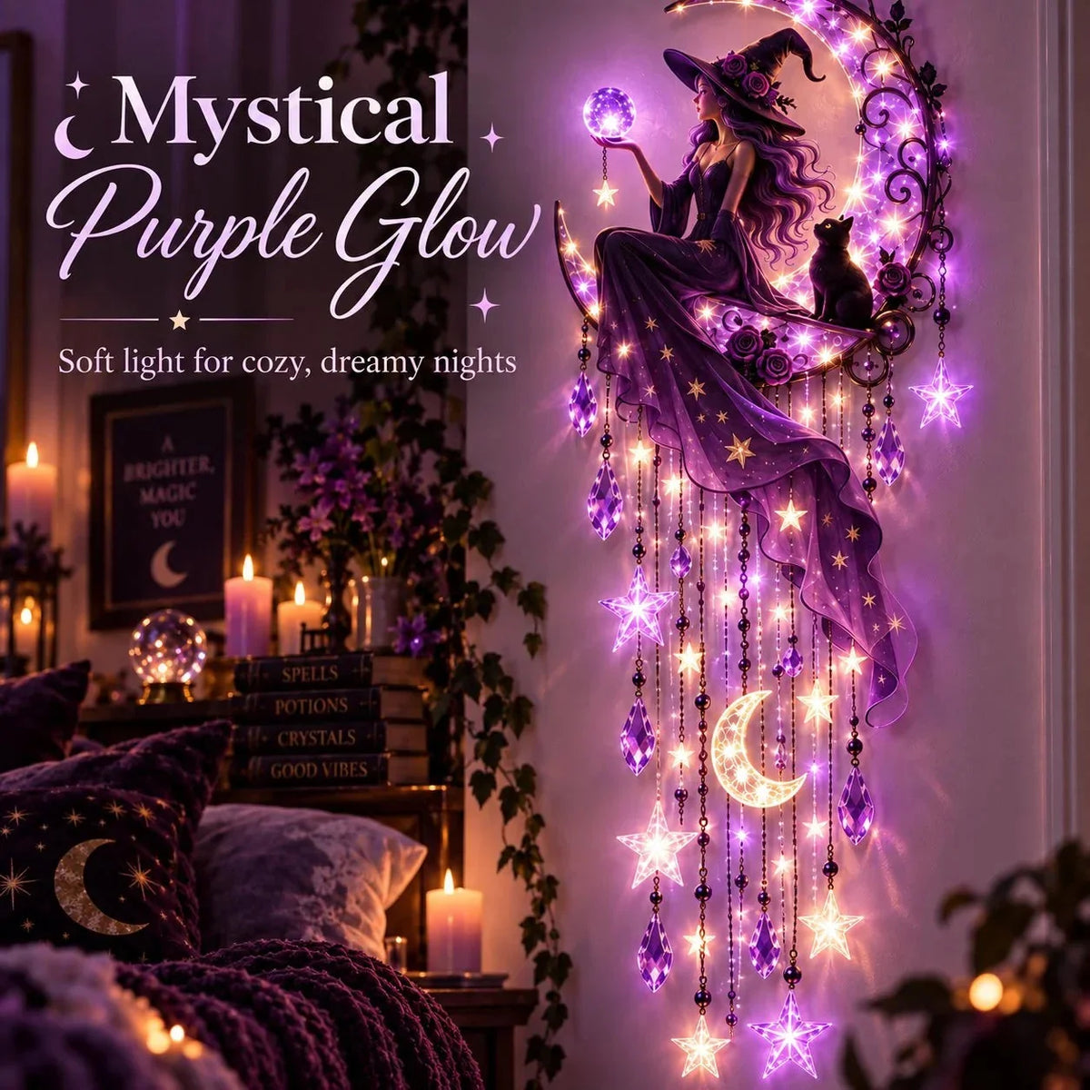 Decorative Wall Light Witch Crescent Moon Purple Glow