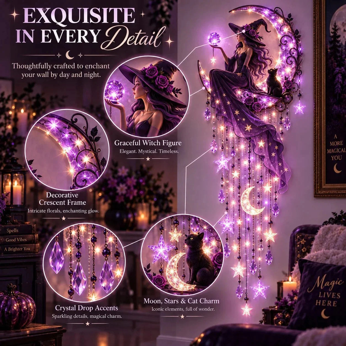 Decorative Wall Light Witch Crescent Moon Purple Glow