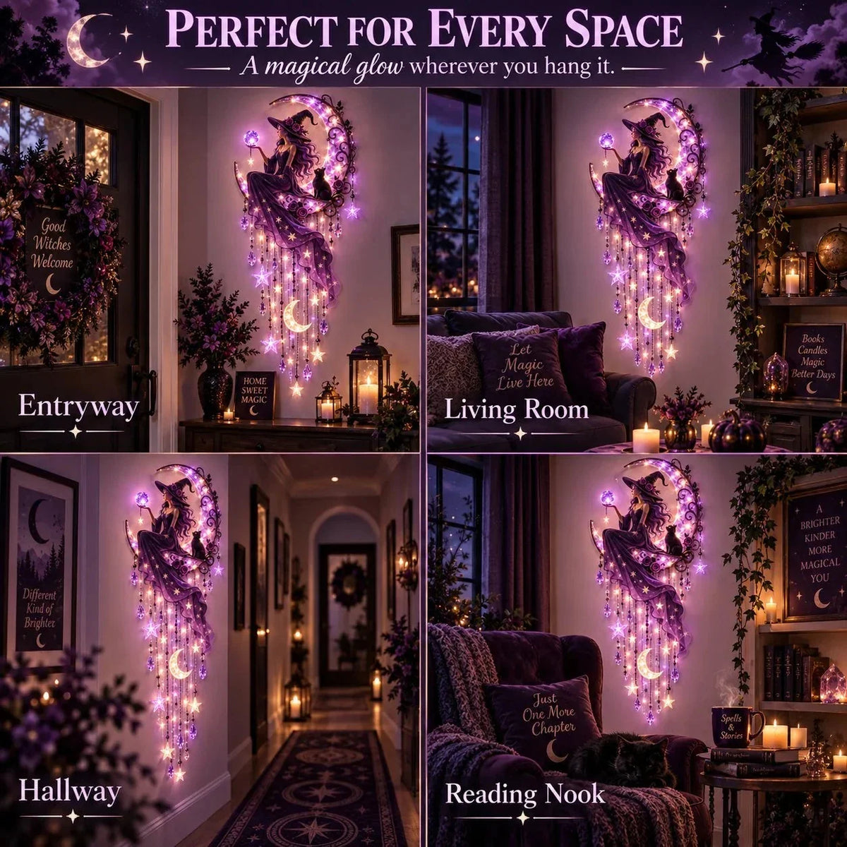 Decorative Wall Light Witch Crescent Moon Purple Glow