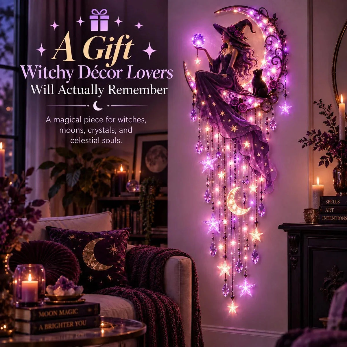 Decorative Wall Light Witch Crescent Moon Purple Glow