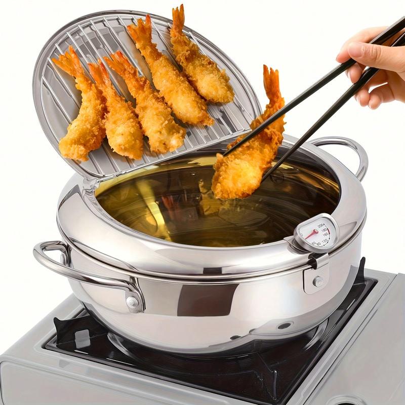 Deep Fryer Pot Stainless Steel Built-In Thermometer & Fry Basket